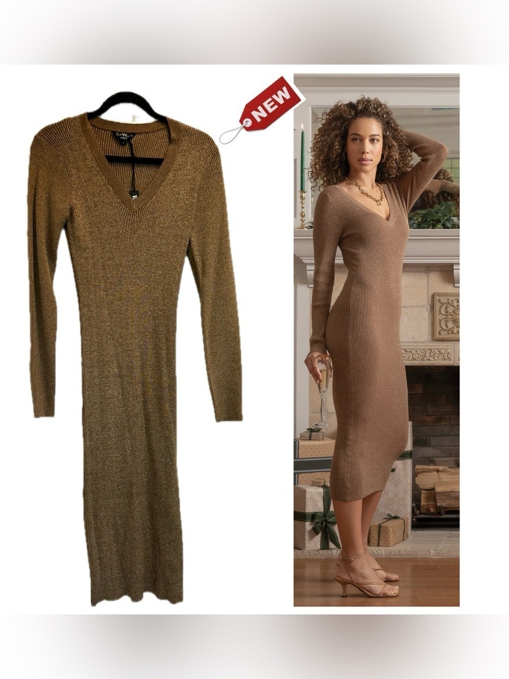 Velvet Heart Camel Brown gold Metallic thread Ribbed Knit V-Neck Midi Maxi Dress